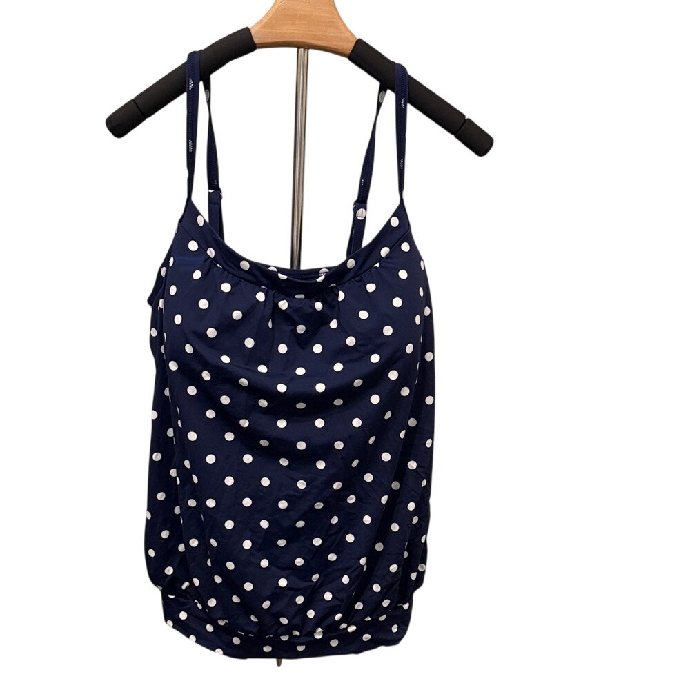Lands End Navy White Polka Dot Tankini Top Swimsuit Size 16 Adjustable Straps